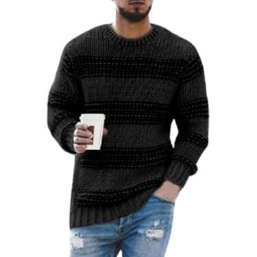 Imagem de Suéter De Malha Macia Pulôveres Confortáveis Manga Longa Suéter Masculino Listrado Estampado Casual Gola Redonda Pulôver De Malha Elástica Roupa De Rua, Black, M