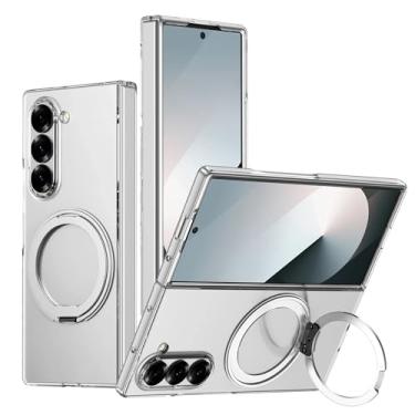 Imagem de Capa para Galaxy Z Fold 6 com suporte magnético giratório 360°, transparente, rígida e à prova de choque, capa para carregamento sem fio (para Galaxy Z Fold 6/suporte prateado)