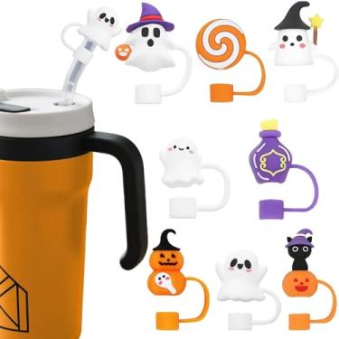 Imagem de Heyigrow Cobertura de canudos de Halloween Stanley Cup Topper, 8 peças de tampa de copo 3D decoração abóbora gato fantasma para saco de guloseimas