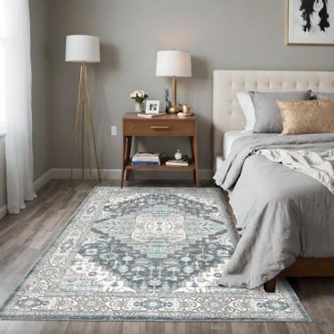 Imagem de Dotiiorug Tapetes laváveis 3x5 vintage boho floral para sala de estar quarto, tapete antiderrapante de pelo baixo 051 azul bege multi