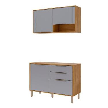 Imagem de Balcão com Aéreo Aurea 120 cm com 4 Portas Cinamomo/Platina - Loja Doc