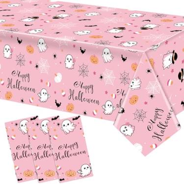 Imagem de 3 toalhas de mesa rosa para o Dia das Bruxas, capas de mesa Boo 277 x 137 cm, descartáveis, retangulares, rosa, morcegos fantasmas fofos, à prova d'água, para artigos de festa de aniversário e