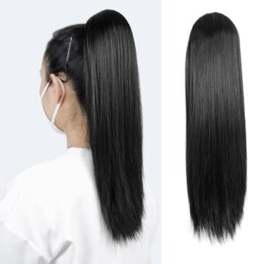 Imagem de Extensão de rabo de cavalo, rabo de cavalo com cordão reto 55,88 cm, clipe em peças de cabelo humano falso natural elegante (cabelo liso, 56 cm)