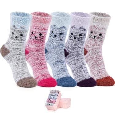 Imagem de SISOSOCK Meias femininas felpudas fofas com pata de gato, 5 pares de meias de pelúcia fofas e aconchegantes com caixa de presente para mulheres e meninas, Dm-kt-yjx-mt, 5