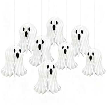 Imagem de 8 peças de decorações para pendurar fantasmas de Halloween, grandes 25 x 23,5 cm, lanternas de papel dobradas 3D, enfeites de árvore de fantasmas fofos, decoração de varandas de festa de Halloween