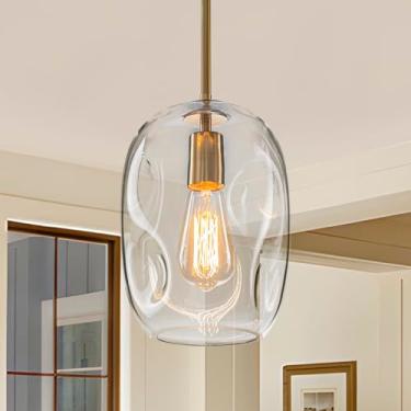 Imagem de Luzes pendentes de vidro ilha de cozinha - 1 barra de luminária suspensa dourada clara para teto de iluminação pendente moderna com 24,4 cm de altura cúpula de vidro orgânico transparente para pia de