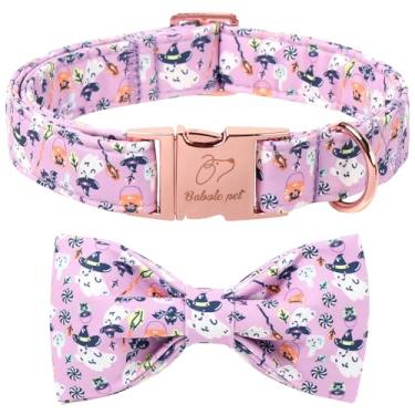 Imagem de Babole Pet Coleira de Halloween para cães com gravata borboleta - Coleira roxa fofa para cães fantasma de feiticeiro, fivela de metal ajustável para meninos e meninas pequenos e médios grandes P