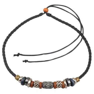 Imagem de Ancient Tribe Colar gargantilha tribal Boho com cordão de couro trançado, contas de cerâmica e fecho ajustável, 38 cm, One Size, Couro Madeira Zinco, Sem Pedra Preciosa