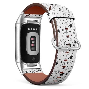 Imagem de MRAKPLGE Pulseira de relógio, padrão estrelas, compatível com Fitbit Charge 6/Fitbit Charge 5, pulseira de couro vegano de substituição, pulseira, pulseira para homens e mulheres
