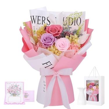 Imagem de Buquê de flores preservadas naturais eternas para sempre presentes para ela, buquês de flores de aniversário com vaso flores realistas de longa duração no Dia das Mães Dia dos Namorados Dia mais doce