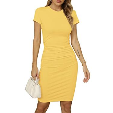 Imagem de Missufe Vestido feminino de manga curta franzido casual midi colado ao corpo, Amarelo, P