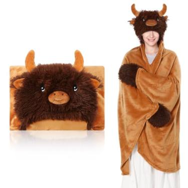 Imagem de Peryiter Cobertor vestível de Halloween fantasma abóbora cobertor gato moletom com capuz adulto flanela grande presente para mulheres e homens (vaca Highland)