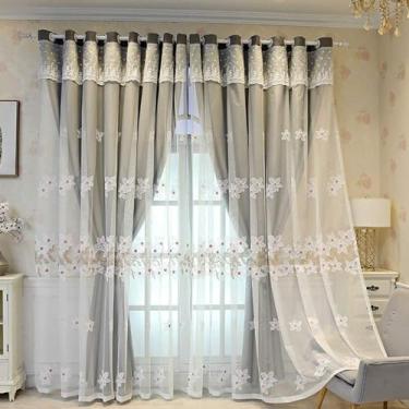 Imagem de Cortina blackout de renda bordada de camada dupla para sala de estar, painel decorativo de voile blecaute moderno, para isolamento térmico de quarto/varanda, 1 peça, cinza L 150 x A 250 cm