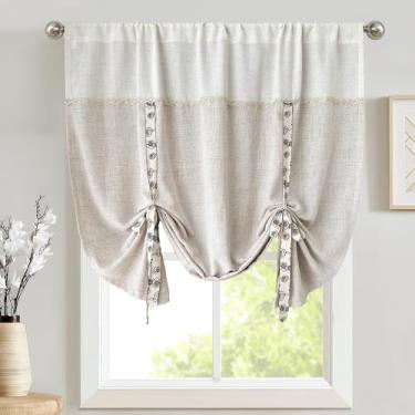 Imagem de Cortina de balão de linho para cozinha, banheiro, amarrada, cortina romana com fita rosa, filtro de luz, privacidade, fazenda, persiana para quarto, sala de estar, janela pequena, 1 painel de largura