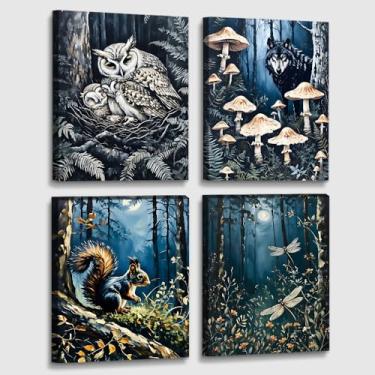 Imagem de Arte de parede emoldurada de casa de banho, arte de parede de floresta de fantasia, pôster de floresta mágica, decoração de cena da natureza, impressão de planta animal vintage, imagens de cogumelo