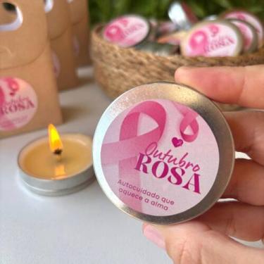 Imagem de Kit Lembrancinha Outubro Rosa Vela Aromática Sacolinha 10un - Casa DiC