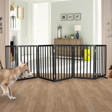 Imagem de SFJC Portão interno para cães, cerca independente para casa, portas, corredores ou escadas, portão para animais de estimação dobrável de madeira, expansível 81 cm de altura, 6 painéis, preto