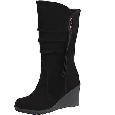 Imagem de Botas femininas de inverno quentes de camurça com zíper anabela botas de neve para uso ao ar livre, Preto, 6.5