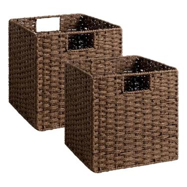 Imagem de StorageWorks Cubos de armazenamento de vime de 28 cm, cesto de armazenamento de cubo tecido à mão, cesta de cubos quadrados, cesta de corda de papel dobrável para organização, marrom, pacote com 2