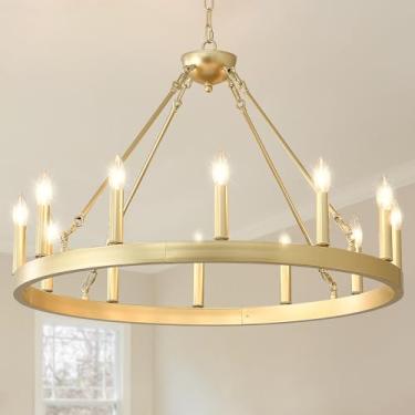 Imagem de VBKK Lustre de roda de vagão dourado, casa de fazenda, 81 cm, lustre dourado moderno de 12 luzes para sala de jantar, lustres industriais de ferro redondo para sala de estar, hall de entrada, E12