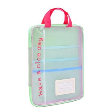 Imagem de Valtiner Bolsa de malha com zíper A4 com alça, 33 x 24,9 cm, organizador de armazenamento de documentos de papelaria transparente, pasta de arquivos leve para material de escritório escolar (verde