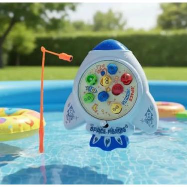 Imagem de Brinquedo Pesca Espacial com Mecanismo de Corda, Base Foguete 16cm, 8 Peixes Coloridos, 2 Varas, Jogo Educativo para Crianças 4+ Anos