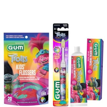 Imagem de Kit Higiene Oral Trolls Kids | Creme Dental 50g + Flosser Infantil 20 Unidades + Escova Dental Infantil Light Trolls