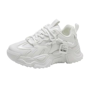 Imagem de VV87 Tênis feminino fashion esportivo malha respirável plataforma tênis casual corrida caminhada 34-38, Branco, 8