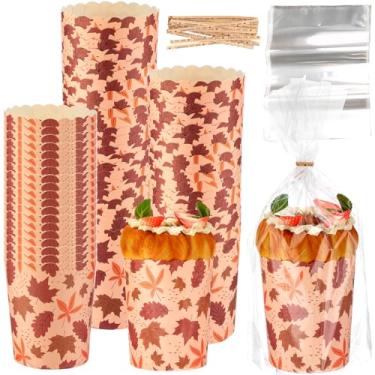 Imagem de Potchen 50 conjuntos de moldes de papel panetone de outono de 350 ml, formas descartáveis de pão de papel de outono com sacos de plástico transparente e laços para outono outono e pastelaria de pão de