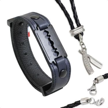 Imagem de GRANADO ACESSÓRIOS, Kit Colar Couro Trançado e Pulseira Azul Lâmina Barbeiro Strap Plug - AM