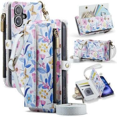 Imagem de YWKJ Capa carteira para iPhone 17 com porta-cartões com bloqueio de RFID, desenho colorido, couro PU, fecho magnético, fecho de correr, carteira para telemóvel, capa para iPhone 17, flores coloridas