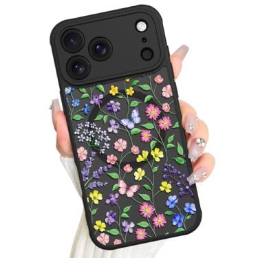 Imagem de AIGOMARA Capa magnética para iPhone 17 Pro Max, compatível com Magsafe Capa de telefone translúcida fosca com estampa floral de flores coloridas da Magsafe para mulheres e meninas, preta