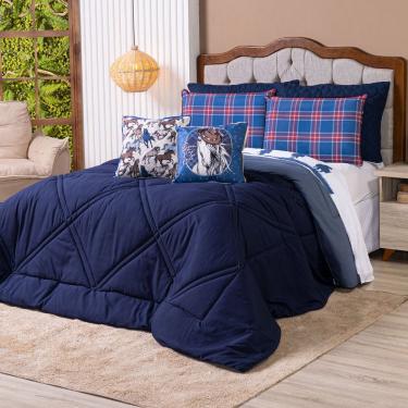 Imagem de Kit Edredom Casal Padrão Country Com Almofadas Estampadas 07 Peças - Dupla Face Percal 300 Fios Cor Azul