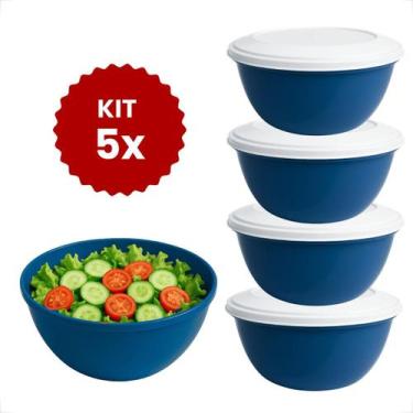 Imagem de Kit 5 Peças Saladeira Oval Potes Plástico com Tampa Branca Cozinha BPA