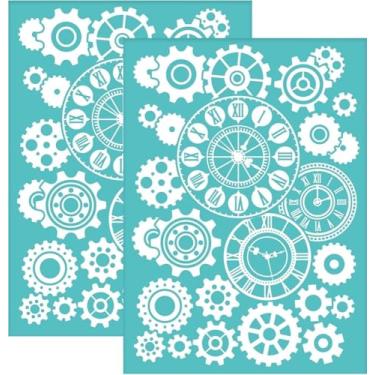 Imagem de 2 peças de estênceis de serigrafia autoadesivos com padrão de engrenagem, 14 x 19 cm, turquesa, reutilizável, transferência, lavável, decoração de casa, para pintura de tecido de camiseta faça você