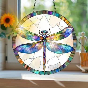 Imagem de Acrílico colorido Suncatcher, apanhador de sol estilo vitral impresso libélula com reflexos de arco-íris, decoração de janela suspensa, decoração de parede, ornamentos de Natal para uso interno e
