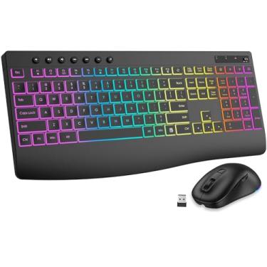 Imagem de EDJO Combo de teclado e mouse sem fio com 7 efeitos de retroiluminação, descanso de pulso, modo de suspensão, teclado sem fio ergonômico sem atraso de 2,4 G com 6 botões e mouse sem fio para Windows