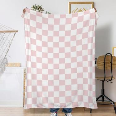 Imagem de Cobertor para sofá, manta de outono xadrez rosa e branco, cobertor macio para decoração de sofá, cobertor de lã de flanela para sonecas, leitura, viagem, acampamento, 127 x 152 cm