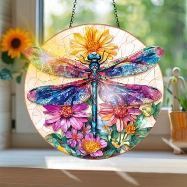 Imagem de Acrílico colorido Suncatcher, apanhador de sol estilo vitral impresso libélula com reflexos de arco-íris, decoração de janela suspensa, decoração de parede, ornamentos de Natal para uso interno e