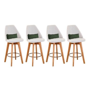 Imagem de Kit 04 Banquetas Alta Maya Giratória Com Encosto Linho Bege Claro e Almofada Suede Verde Musgo - Aurora Line