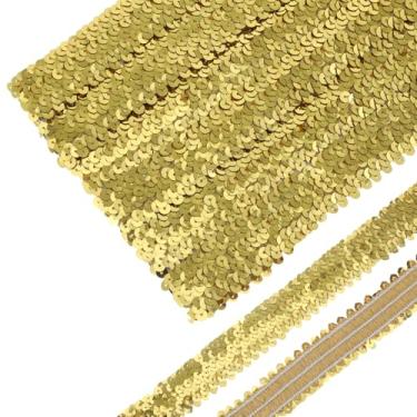 Imagem de Acabamento elástico de lantejoulas douradas de 14 metros, fita de glitter elástica metálica, 3 cm de largura, acabamento em tecido paillette plano de 3 fileiras para enfeites de artesanato de vestido