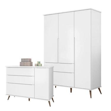 Imagem de Cômoda E Guarda Roupa Infantil Retro Alice Branco Acetinado - Phoenix Baby