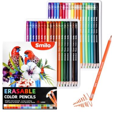 Imagem de Smilo Lápis de cor apagáveis de 36 unidades com borrachas – cores vibrantes e suaves para desenhar, livros de colorir, projetos de arte escolares – Materiais de arte premium para crianças, adultos e