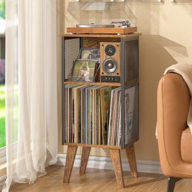 Imagem de DAOUTIME Suporte para toca-discos com armazenamento, suporte de vinil para armazenamento de até 100 álbuns, mesa de toca-discos com divisor ajustável, suporte retrô para discos de vinil com pernas de