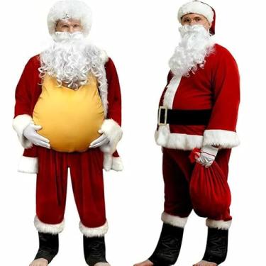 Imagem de QMKKX Fantasia de Papai Noel para homens e adultos com bolsa de barriga falsa, conjunto de 11 peças de Papai Noel de luxo de veludo profissional, cosplay de pai, roupa vermelha para papai noel