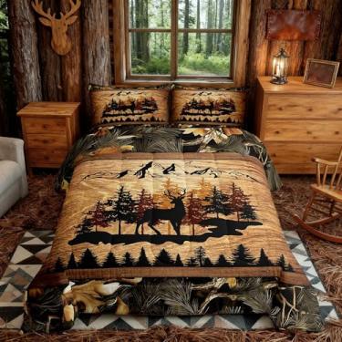 Imagem de Homewish Conjunto de edredom King Size com 3 peças, plantas da selva, retrô, listras de madeira, para crianças, adolescentes e adultos, silhueta de animais selvagens, com 2 fronhas