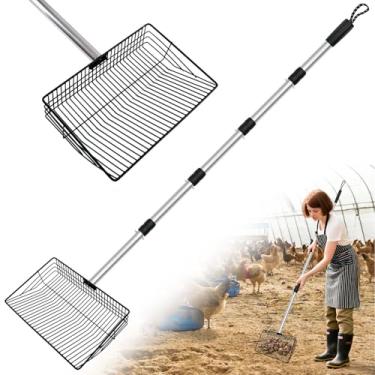 Imagem de Colher de cocô de galinha, colher grande de galinheiro de 25 cm para areia com alça ajustável de aço inoxidável de 81 a 170 cm, pá de peneiração de metal para galinheiros e pequenos animais de fazenda