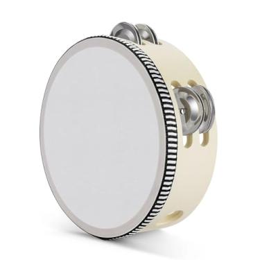 Imagem de Flexzion Pandeiro portátil de madeira para adultos com fileira dupla de 15 cm, 8 pares de jingles (madeira) - instrumento musical de percussão de tamborinas redondas com zills de metal