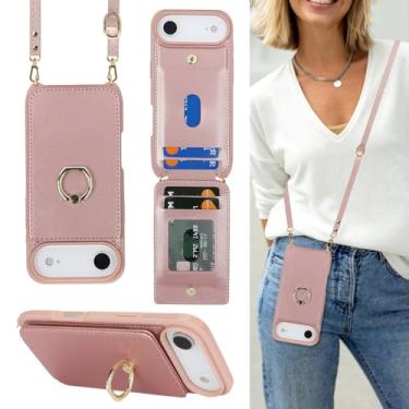 Imagem de Lipvina Capa para iPhone 17 Air com suporte para cartão e alça para mulheres, cordão transversal, suporte de anel, fecho de pressão, capas de carteira de telefone fofas de 6,6 polegadas (ouro rosa)
