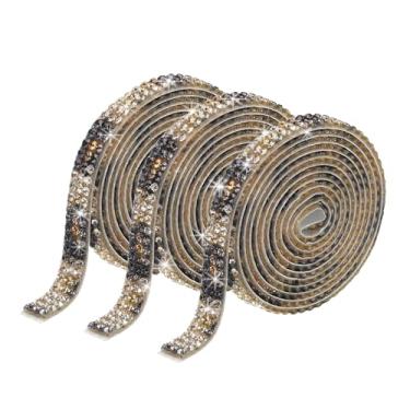 Imagem de Fita de diamante autoadesiva com strass de cristal de 3 rolos de 0,3 polegadas para projetos de artes e artesanato, bolos de casamento, decorações de aniversário, padrão preto e dourado
